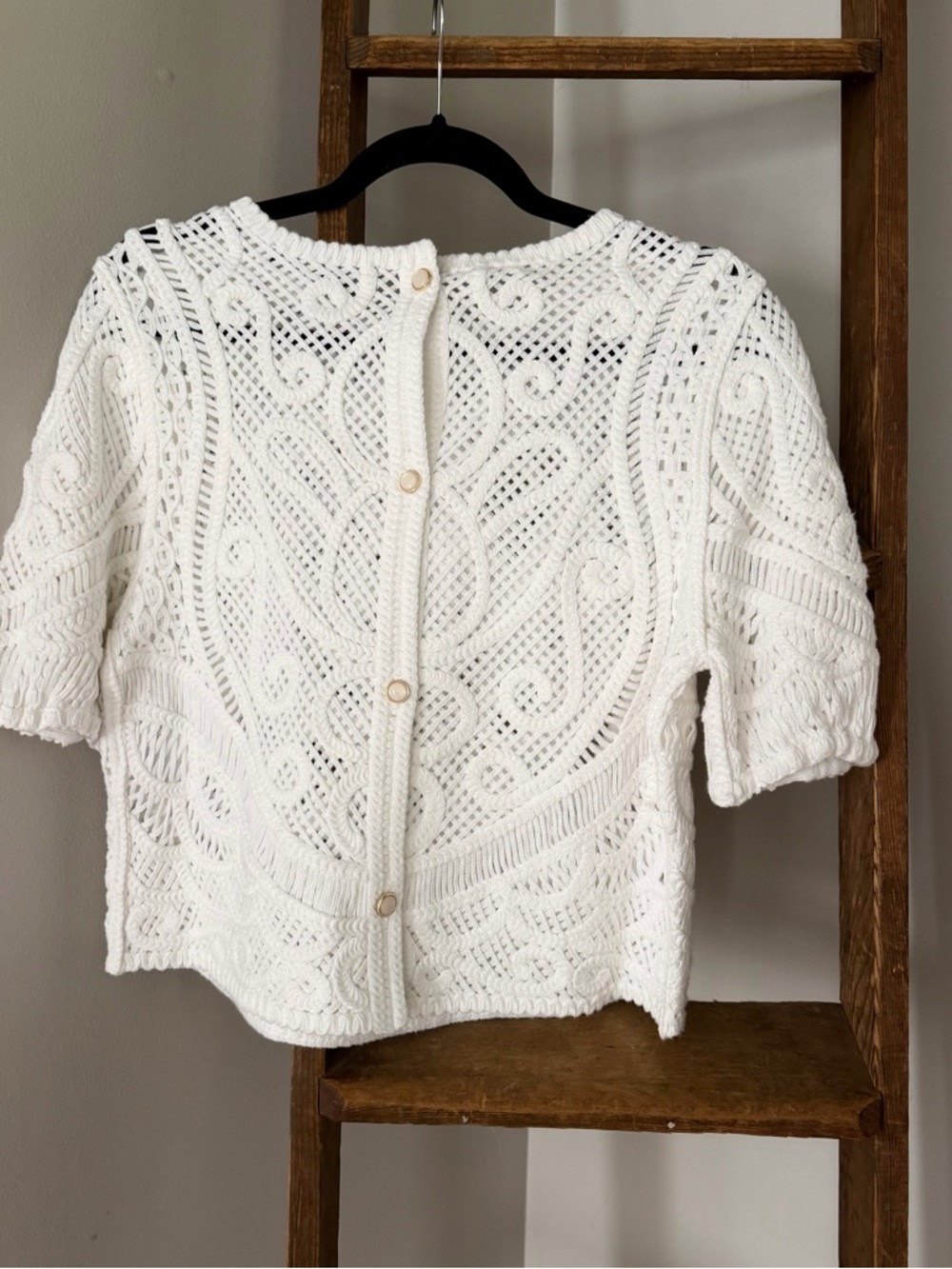 White House Black Market Puff Sleeve Novelty Crochet Cropped Top Blouse Medium - Picture 7 of 16